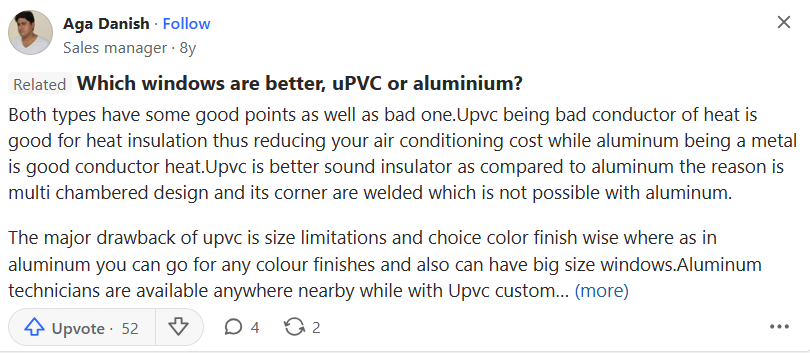نظر کاربر Quora در مورد مقایسه پنجره ترمال بریک با UPVC