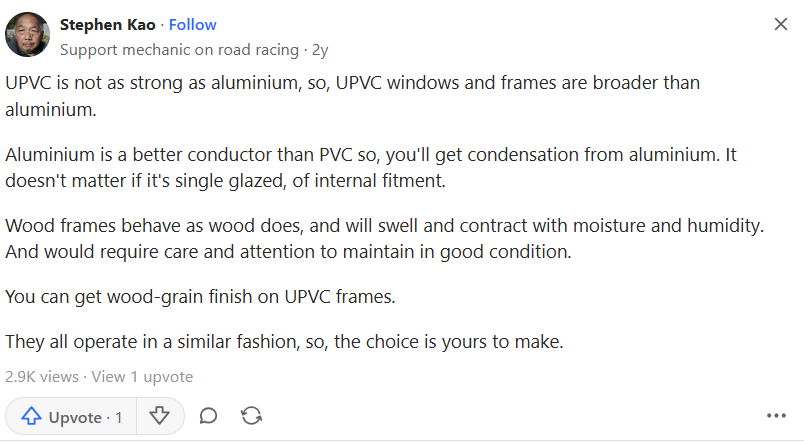 نظر کاربر Quora در مورد تفاوت پنجره ترمال بریک با UPVC