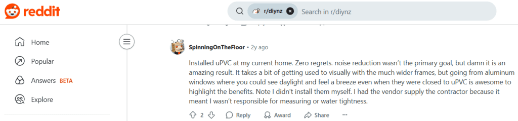 نظر کاربری در سایت Reddit در مورد انواع پنجره دوجداره upvc